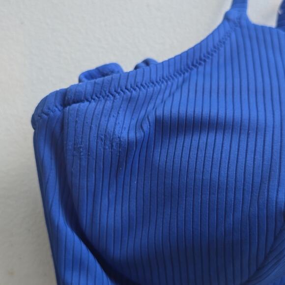 M Shade & Shore Blue V Ribbed Swim Top Bra Womens Size 36D Boning Removable Pads - Picture 10 of 10
